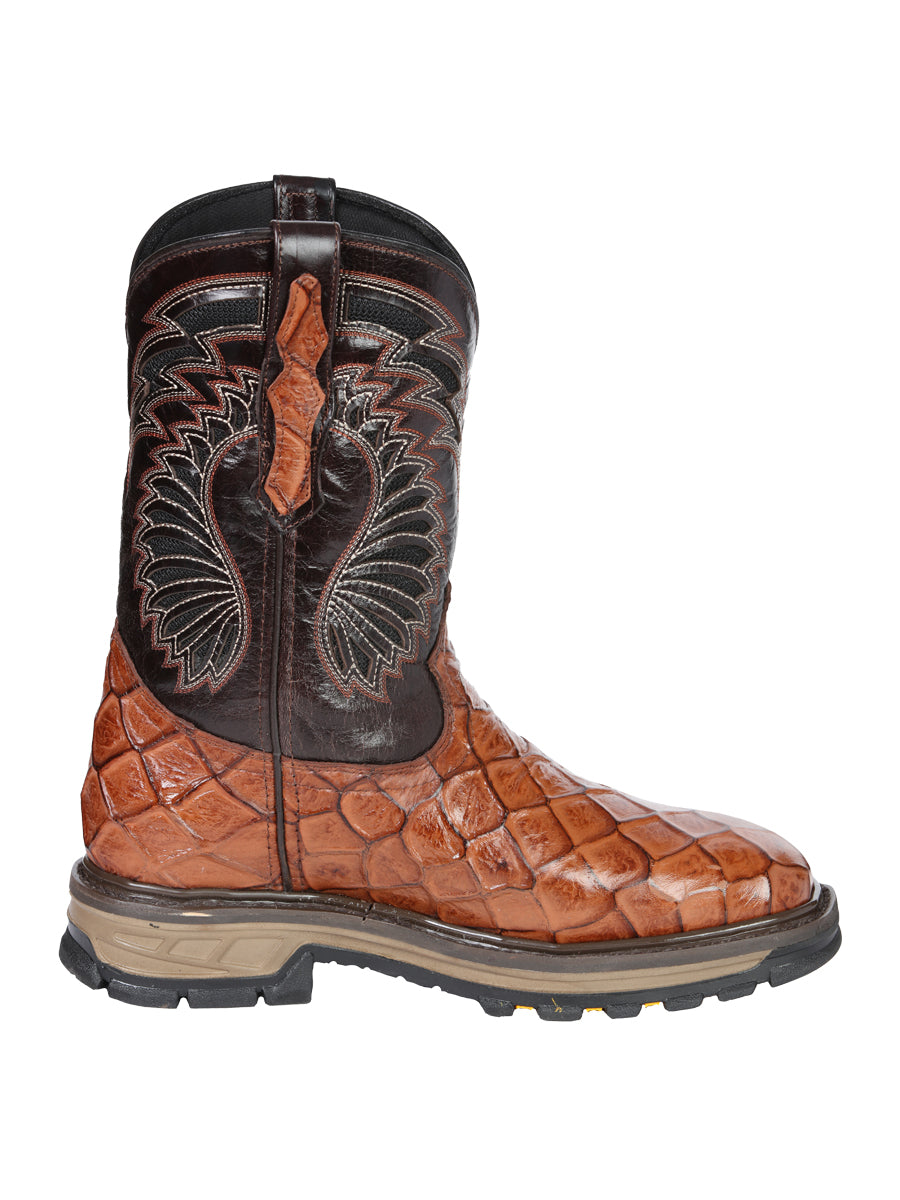 El General Men's Leather Work Boots - Made In Mexico - Embossed Monster Fish Print - Cognac 45808