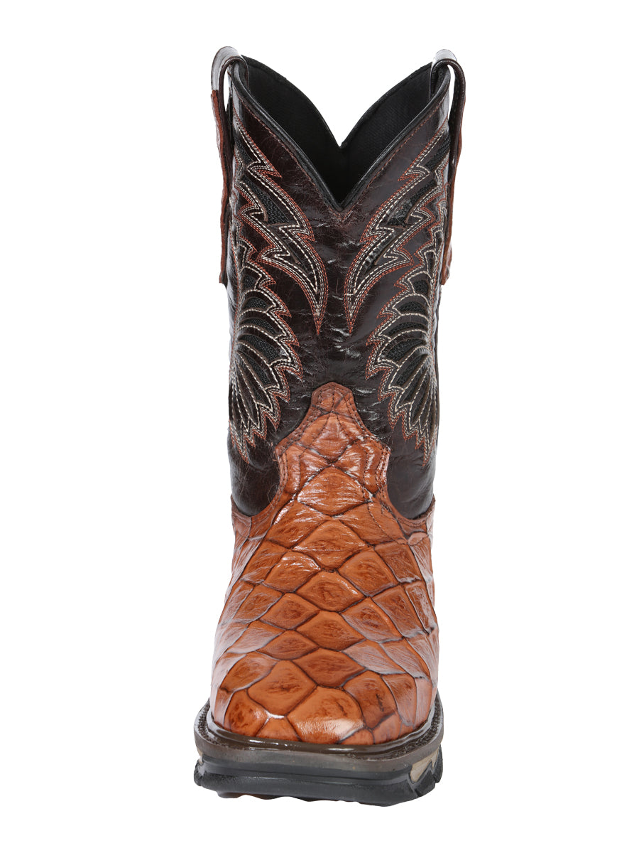 El General Men's Leather Work Boots - Made In Mexico - Embossed Monster Fish Print - Cognac 45808