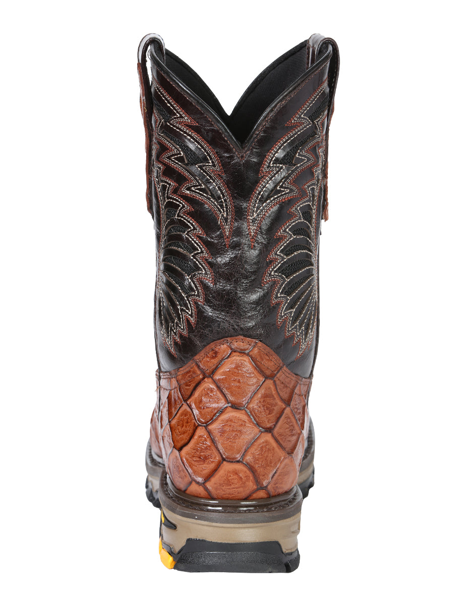 El General Men's Leather Work Boots - Made In Mexico - Embossed Monster Fish Print - Cognac 45808