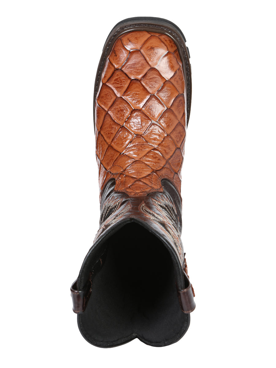 El General Men's Leather Work Boots - Made In Mexico - Embossed Monster Fish Print - Cognac 45808