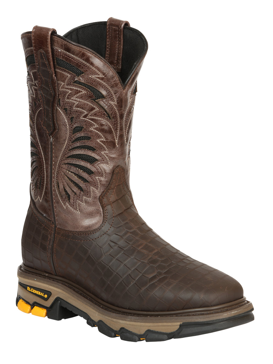 El General Men's Leather Work Boots - Made In Mexico - Embossed Caiman Print - Choco 45809