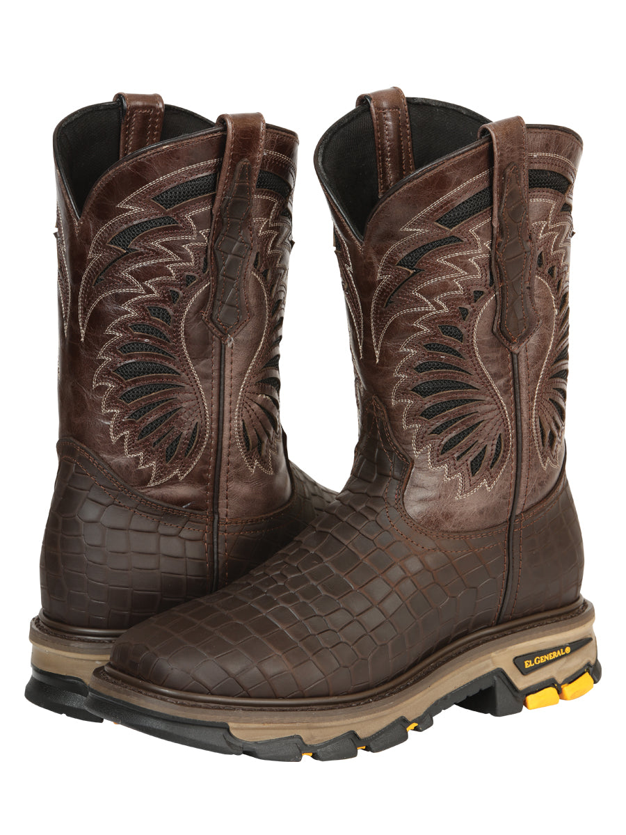 El General Men's Leather Work Boots - Made In Mexico - Embossed Caiman Print - Choco 45809
