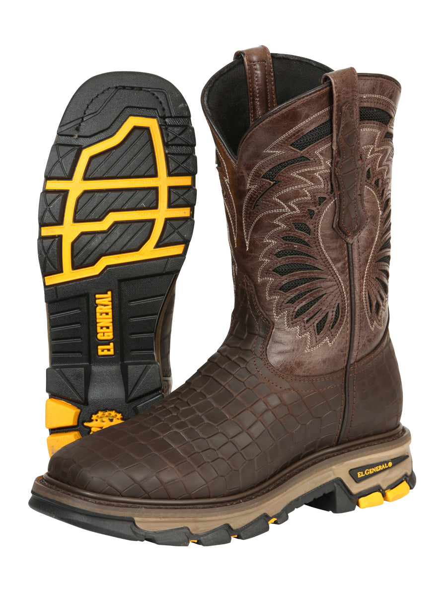 El General Men's Leather Work Boots - Made In Mexico - Embossed Caiman Print - Choco 45809