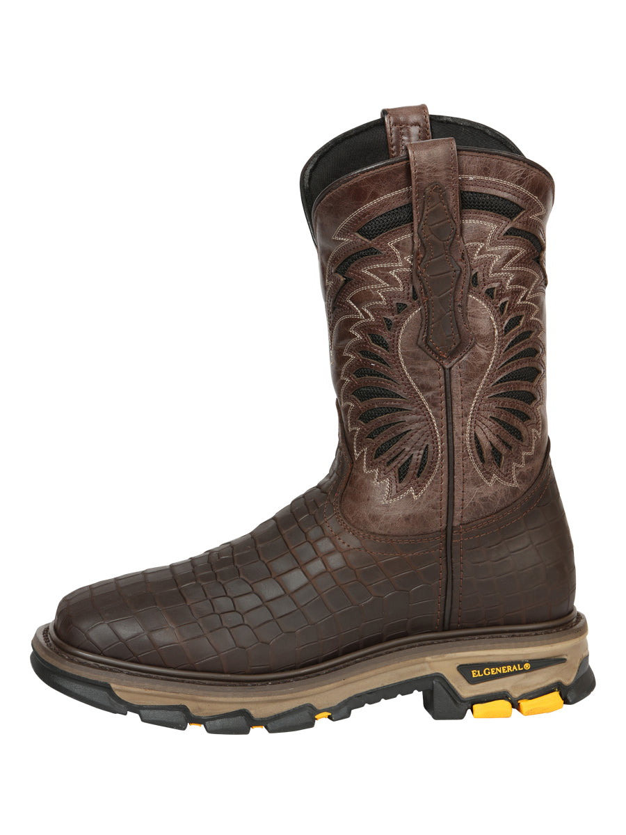 El General Men's Leather Work Boots - Made In Mexico - Embossed Caiman Print - Choco 45809