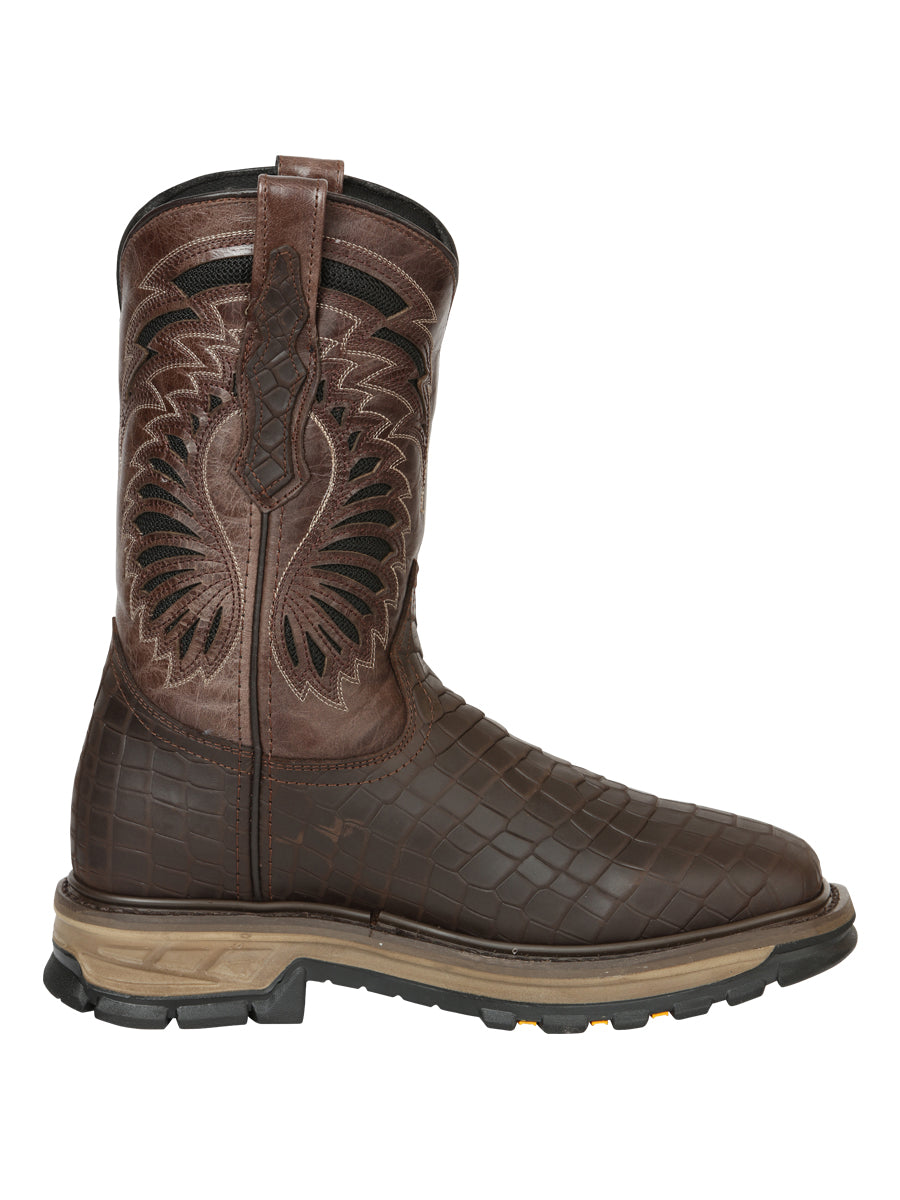 El General Men's Leather Work Boots - Made In Mexico - Embossed Caiman Print - Choco 45809