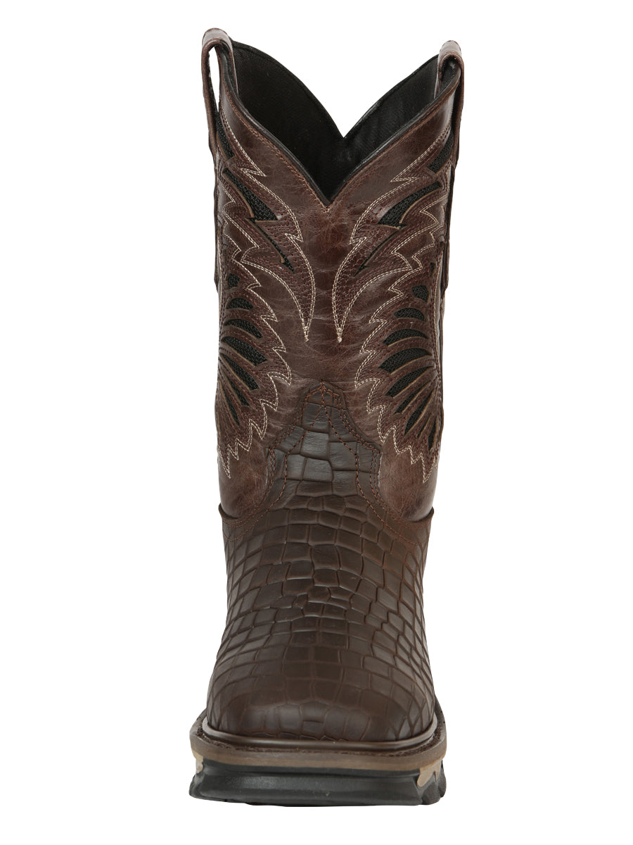 El General Men's Leather Work Boots - Made In Mexico - Embossed Caiman Print - Choco 45809