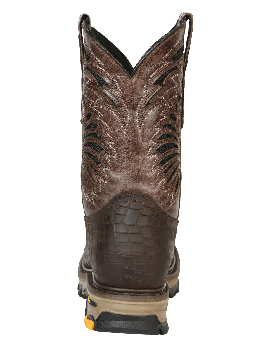 El General Men's Leather Work Boots - Made In Mexico - Embossed Caiman Print - Choco 45809