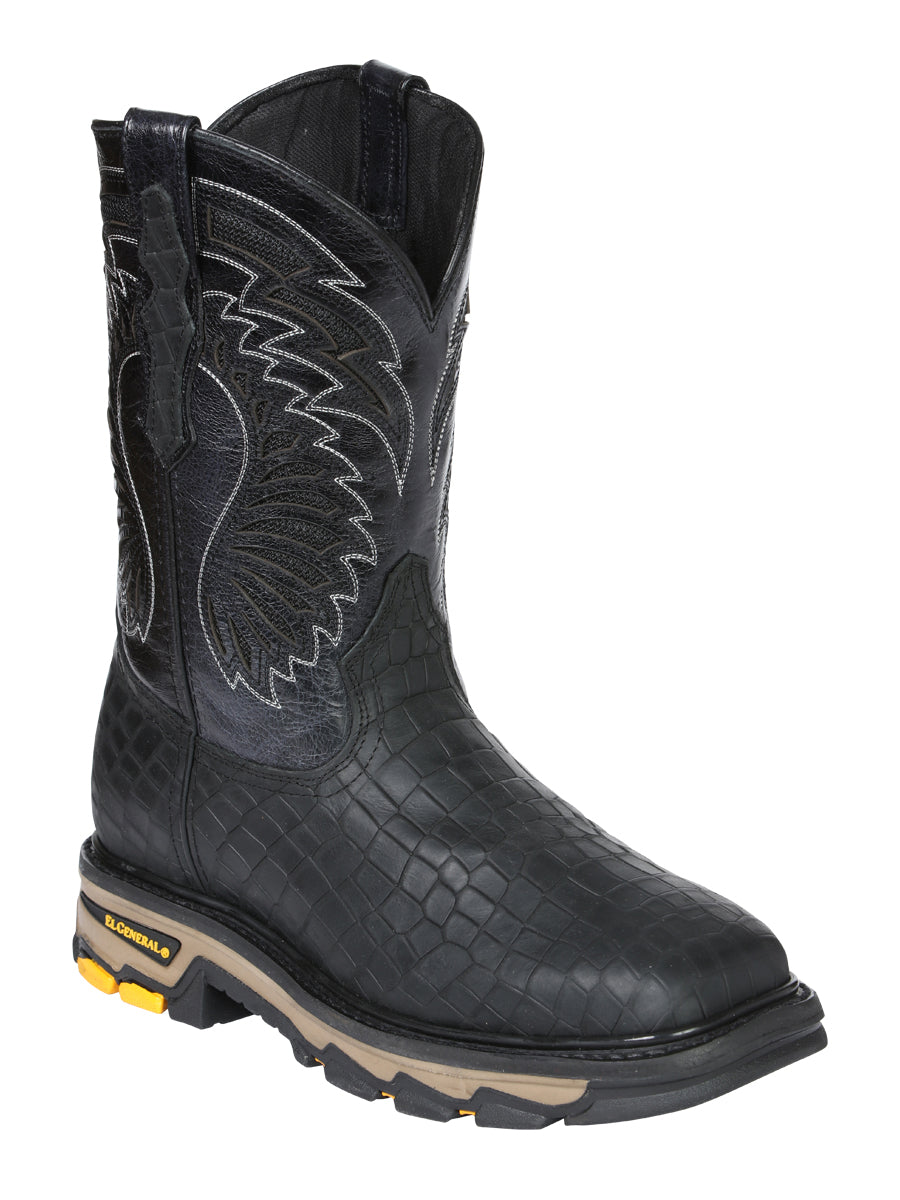 El General Men's Leather Work Boots - Made In Mexico - Embossed Caiman Print - Black 45810