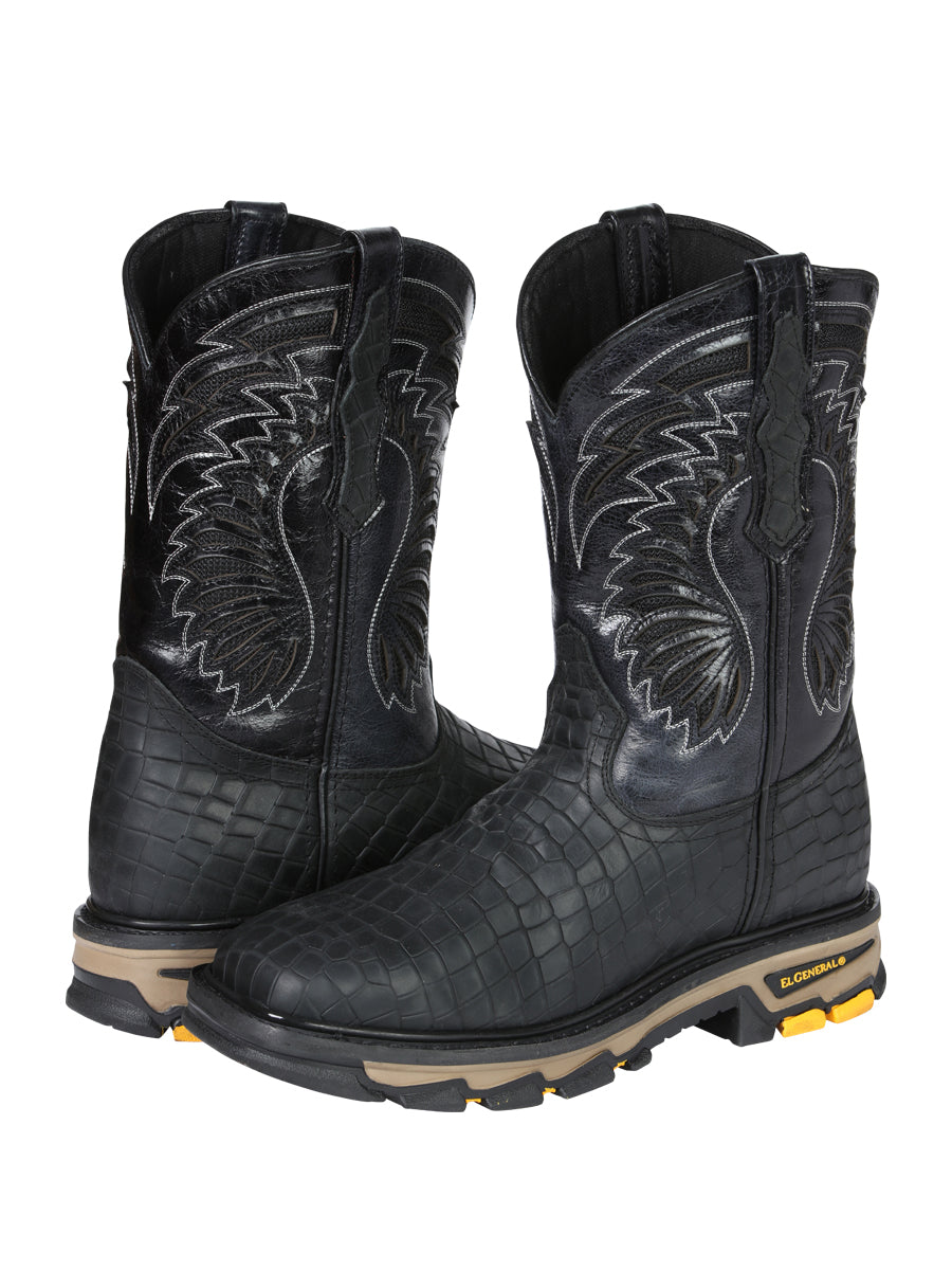 El General Men's Leather Work Boots - Made In Mexico - Embossed Caiman Print - Black 45810