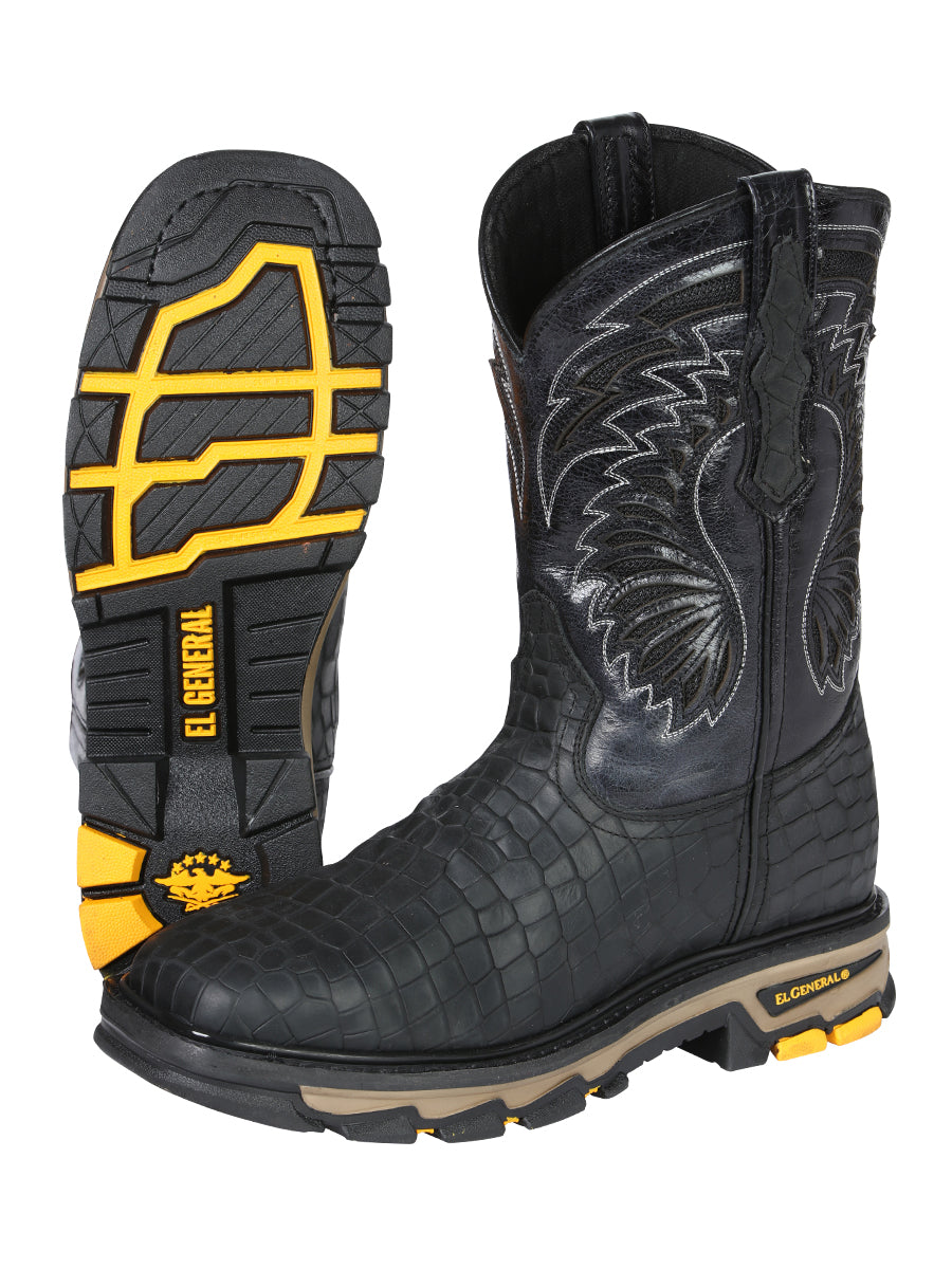 El General Men's Leather Work Boots - Made In Mexico - Embossed Caiman Print - Black 45810