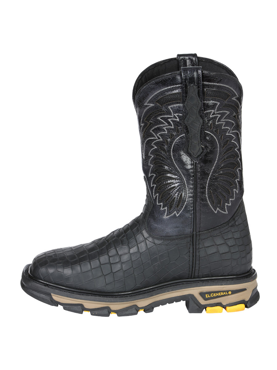 El General Men's Leather Work Boots - Made In Mexico - Embossed Caiman Print - Black 45810