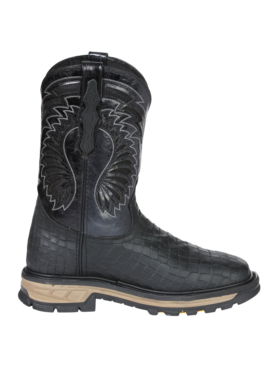 El General Men's Leather Work Boots - Made In Mexico - Embossed Caiman Print - Black 45810