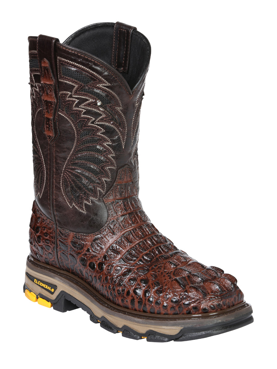 El General Men's Leather Work Boots - Made In Mexico - Embossed Caiman Print - Brown 45813