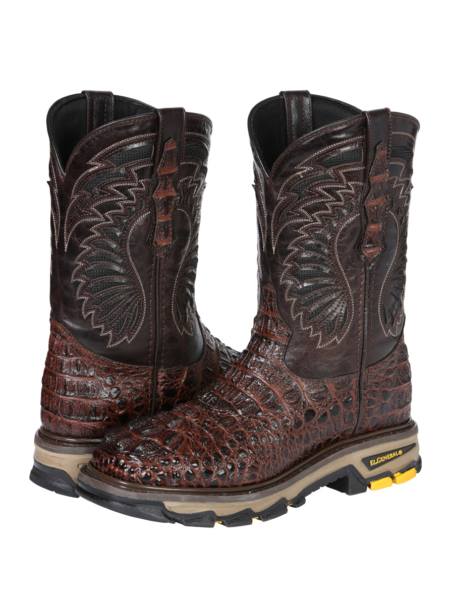 El General Men's Leather Work Boots - Made In Mexico - Embossed Caiman Print - Brown 45813