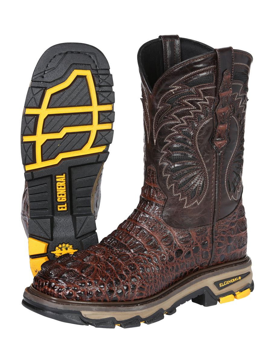 El General Men's Leather Work Boots - Made In Mexico - Embossed Caiman Print - Brown 45813