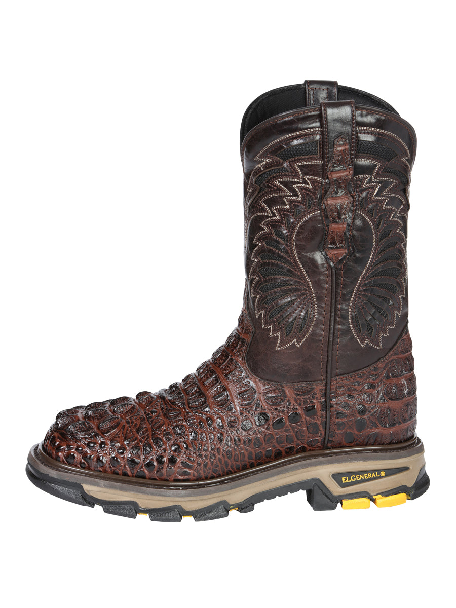El General Men's Leather Work Boots - Made In Mexico - Embossed Caiman Print - Brown 45813