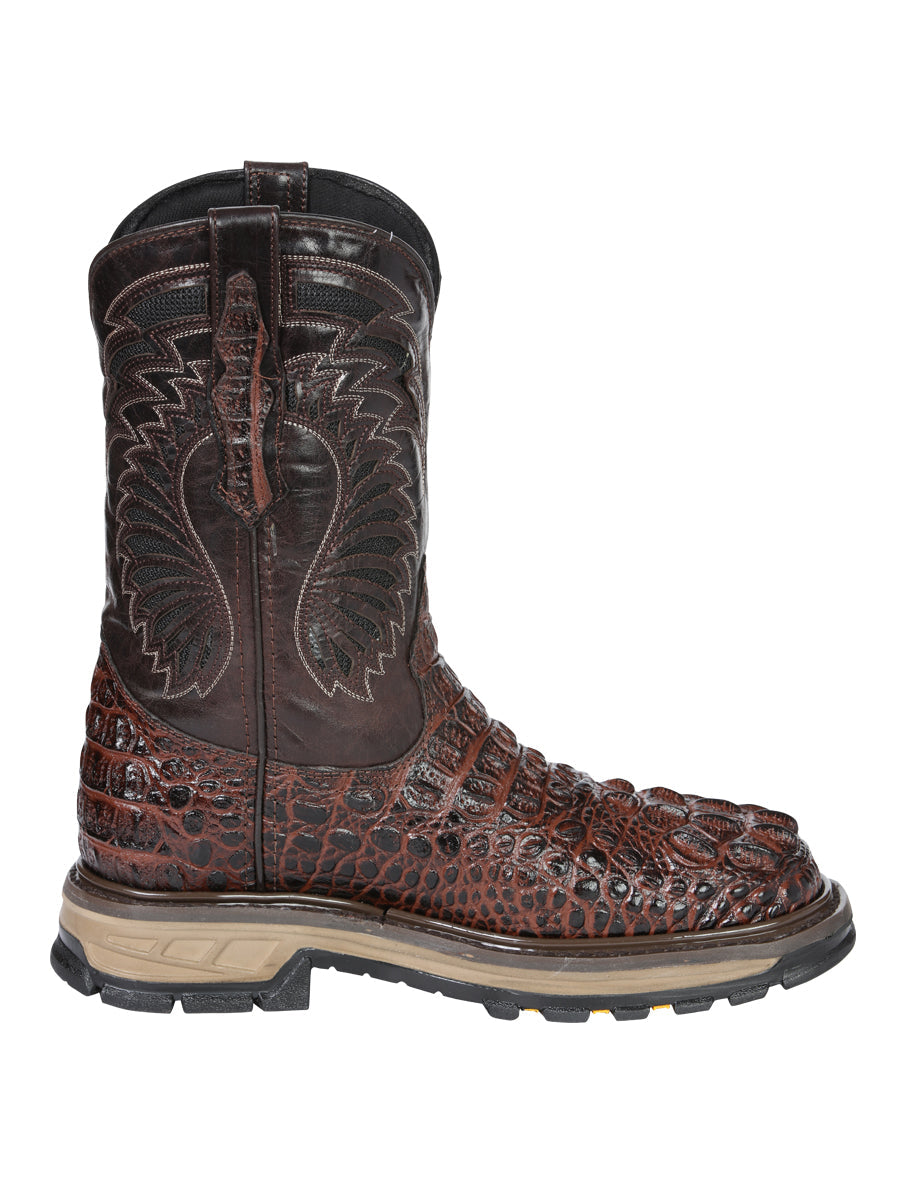 El General Men's Leather Work Boots - Made In Mexico - Embossed Caiman Print - Brown 45813