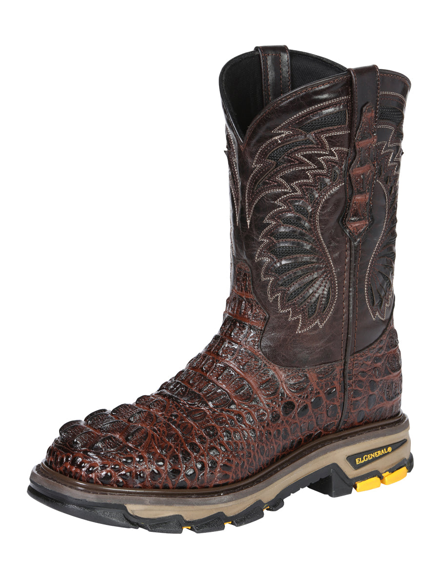 El General Men's Leather Work Boots - Made In Mexico - Embossed Caiman Print - Brown 45813