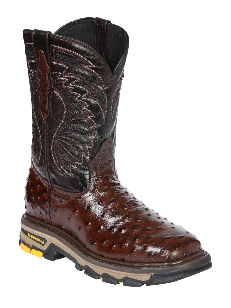 El General Men's Leather Work Boots - Made In Mexico - Embossed Ostrich Print - Brown 45814