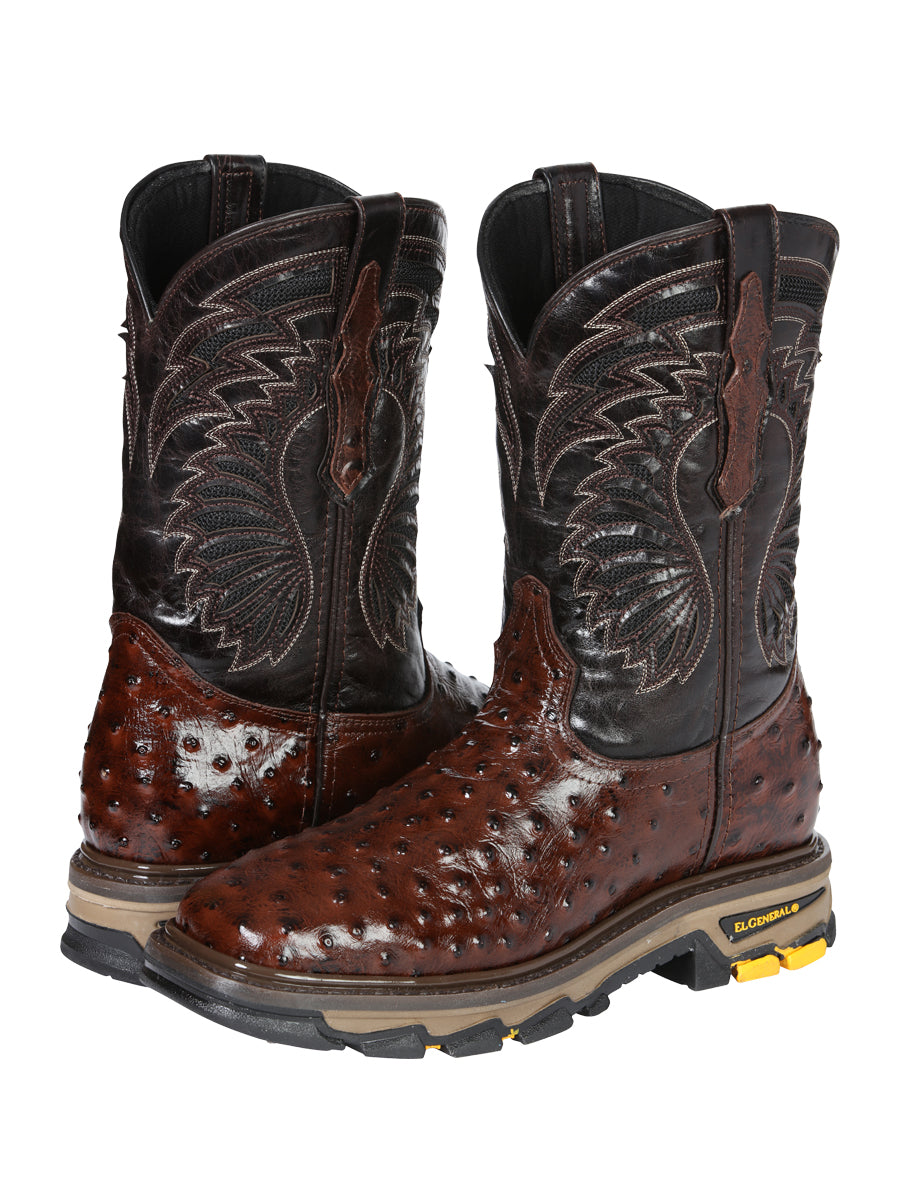 El General Men's Leather Work Boots - Made In Mexico - Embossed Ostrich Print - Brown 45814