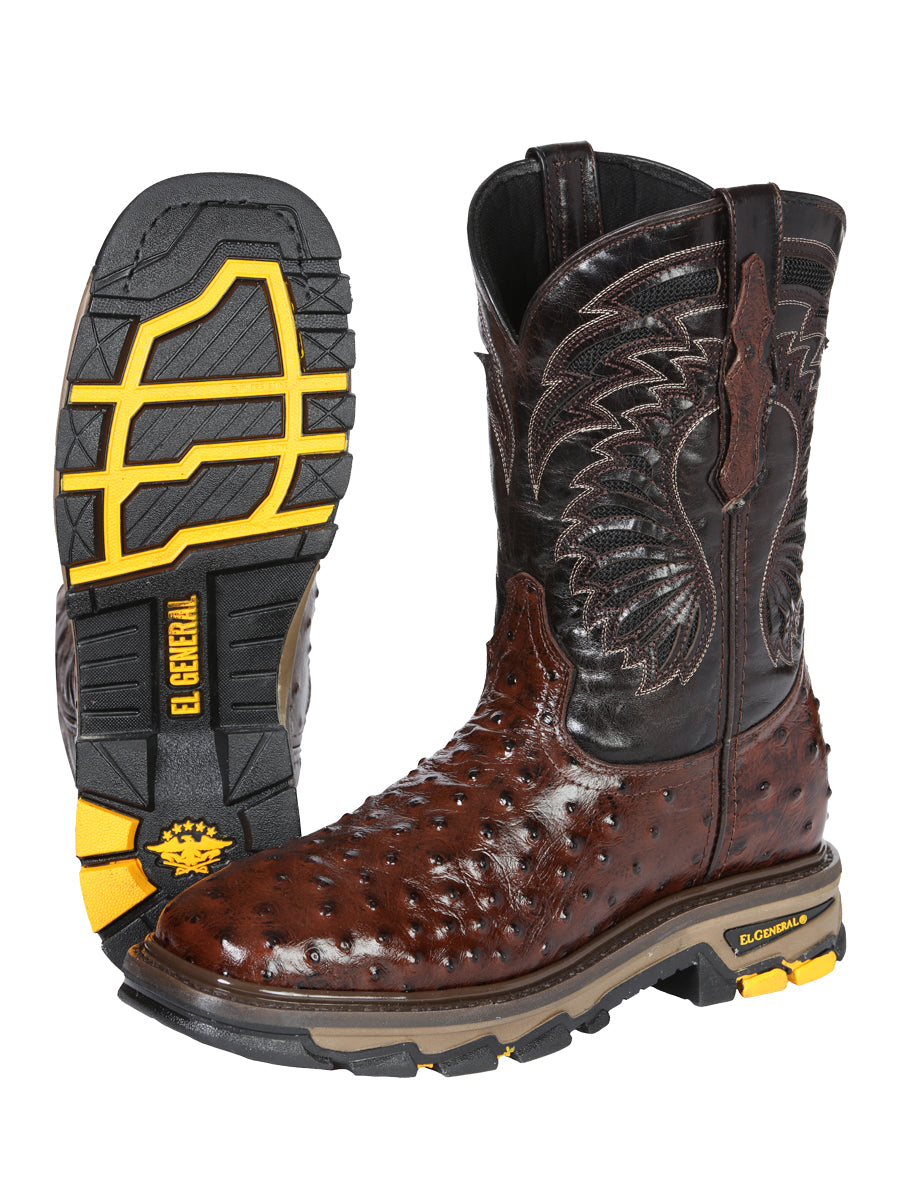 El General Men's Leather Work Boots - Made In Mexico - Embossed Ostrich Print - Brown 45814