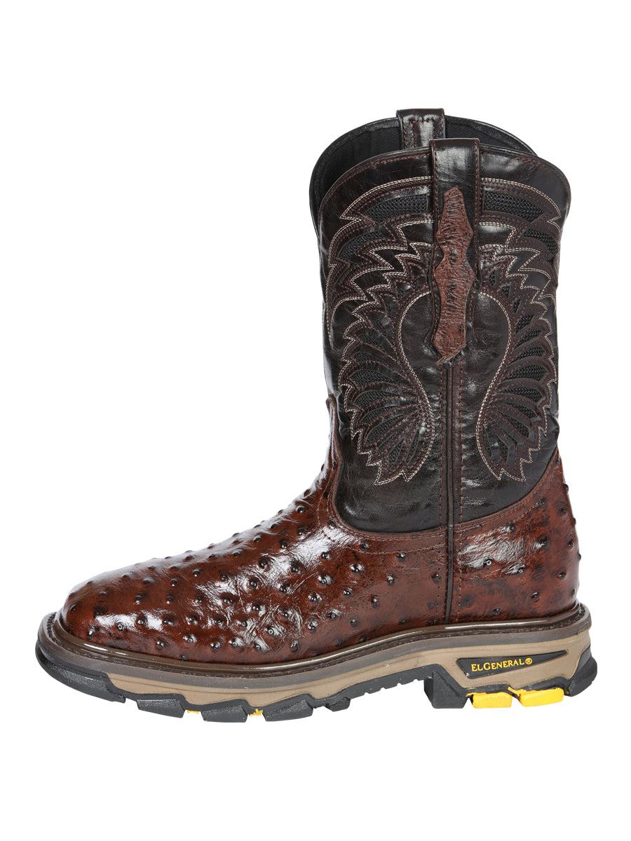 El General Men's Leather Work Boots - Made In Mexico - Embossed Ostrich Print - Brown 45814