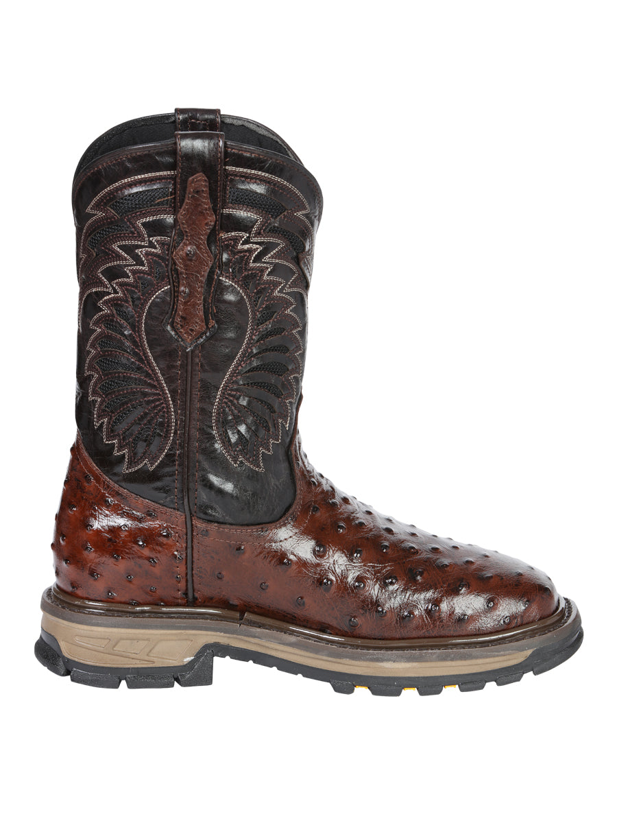 El General Men's Leather Work Boots - Made In Mexico - Embossed Ostrich Print - Brown 45814