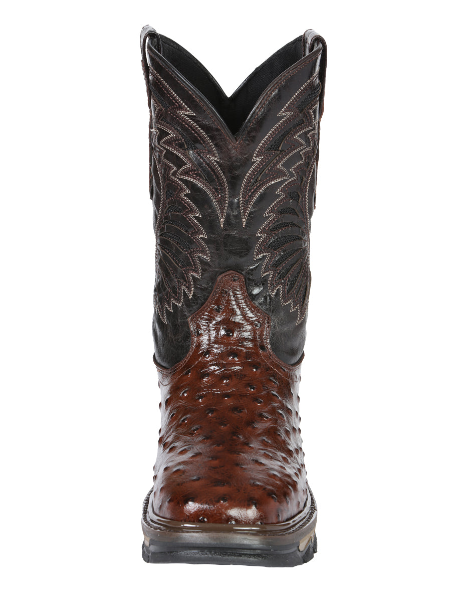 El General Men's Leather Work Boots - Made In Mexico - Embossed Ostrich Print - Brown 45814