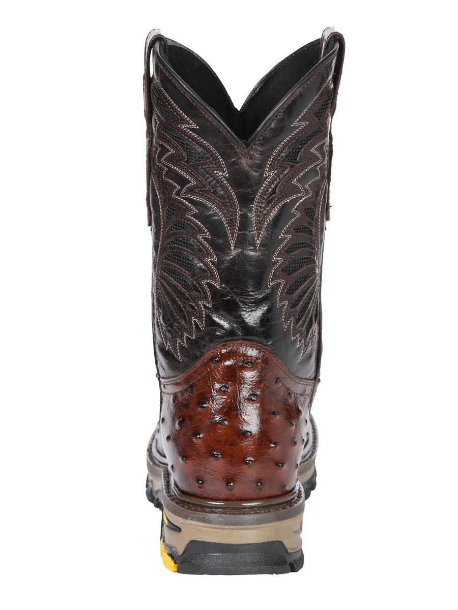 El General Men's Leather Work Boots - Made In Mexico - Embossed Ostrich Print - Brown 45814