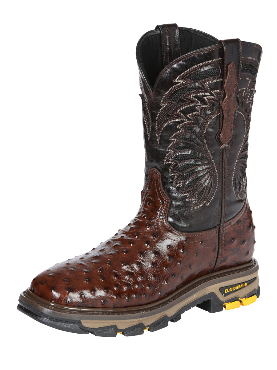 El General Men's Leather Work Boots - Made In Mexico - Embossed Ostrich Print - Brown 45814