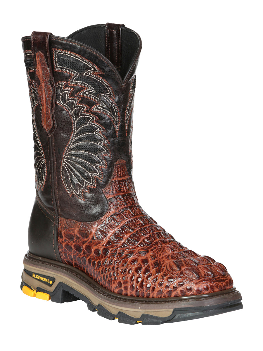 El General Men's Leather Work Boots - Made In Mexico - Embossed Caiman Print - Cognac 45815