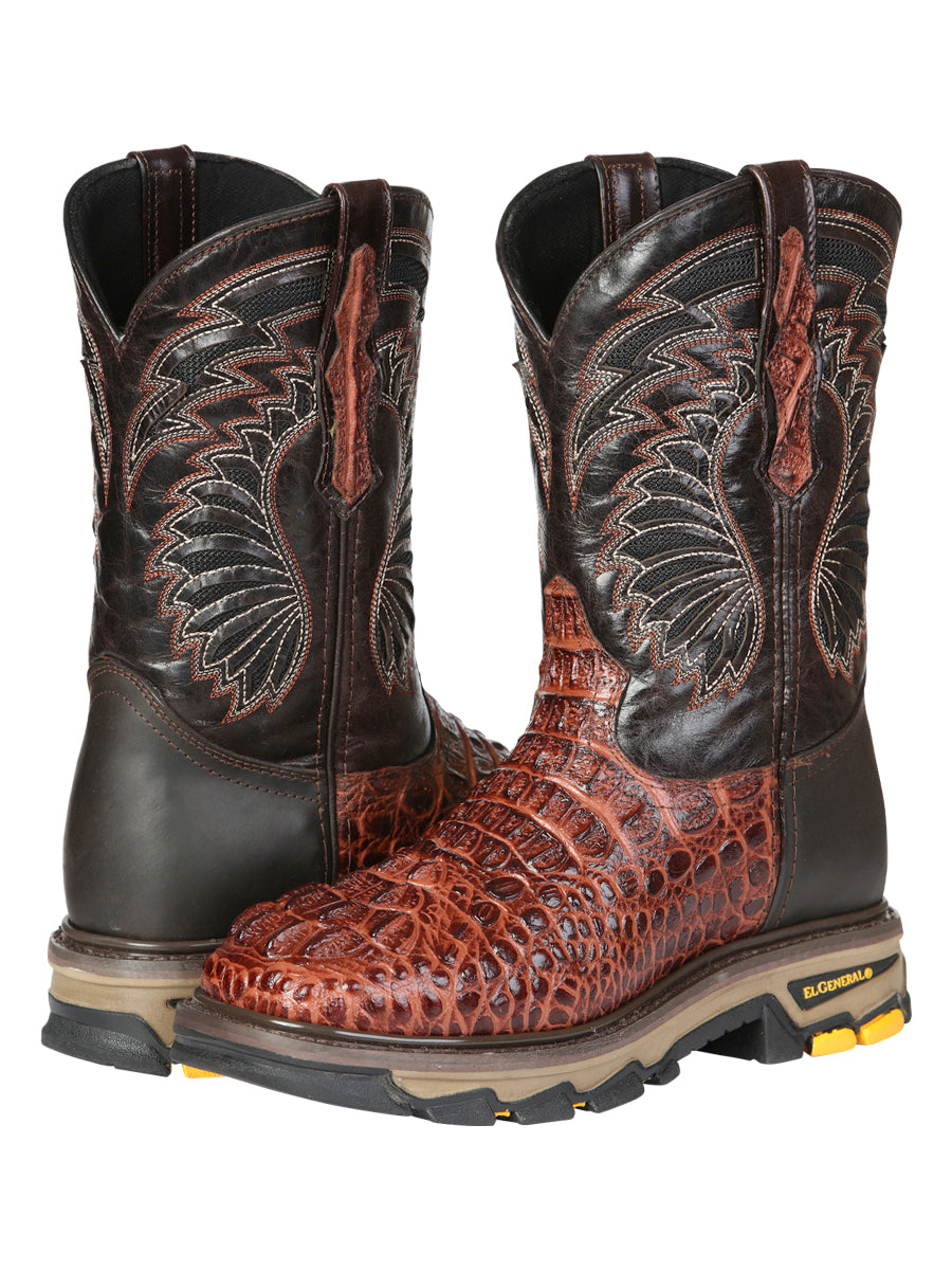 El General Men's Leather Work Boots - Made In Mexico - Embossed Caiman Print - Cognac 45815