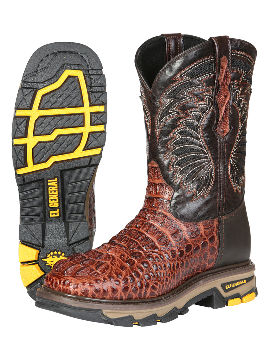 El General Men's Leather Work Boots - Made In Mexico - Embossed Caiman Print - Cognac 45815