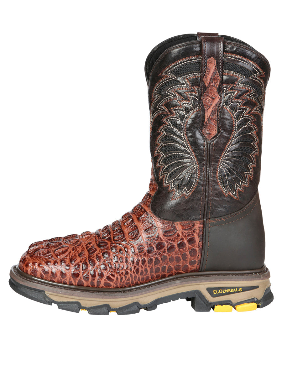 El General Men's Leather Work Boots - Made In Mexico - Embossed Caiman Print - Cognac 45815