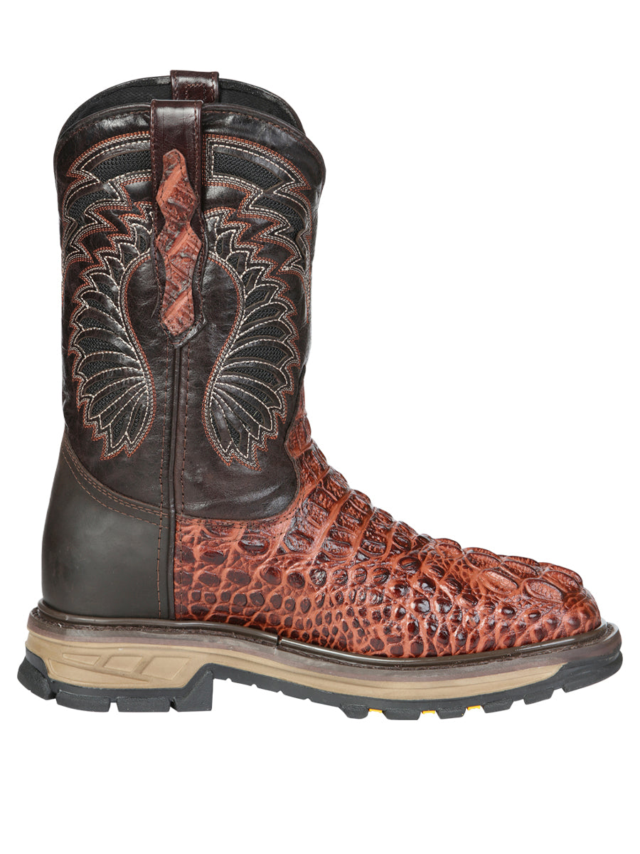 El General Men's Leather Work Boots - Made In Mexico - Embossed Caiman Print - Cognac 45815