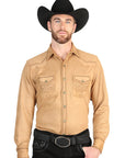 El General Men's Slim Fit Long Sleeve Western Suede Shirt in Khaki