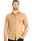 El General Men's Slim Fit Long Sleeve Western Suede Shirt in Khaki
