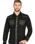 El General Men's Long Sleeve Western Shirt — Suede in Black