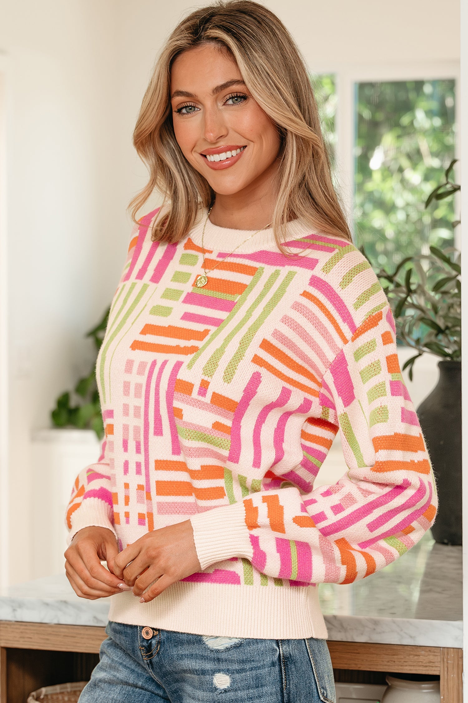 Geometric Stripe Crewneck Puff Sleeve Sweater