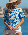 Floral Puff Sleeve V-Neck Short Blouse