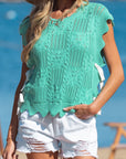 Pointelle Knit Scallop Trim Short Sleeve Sweater