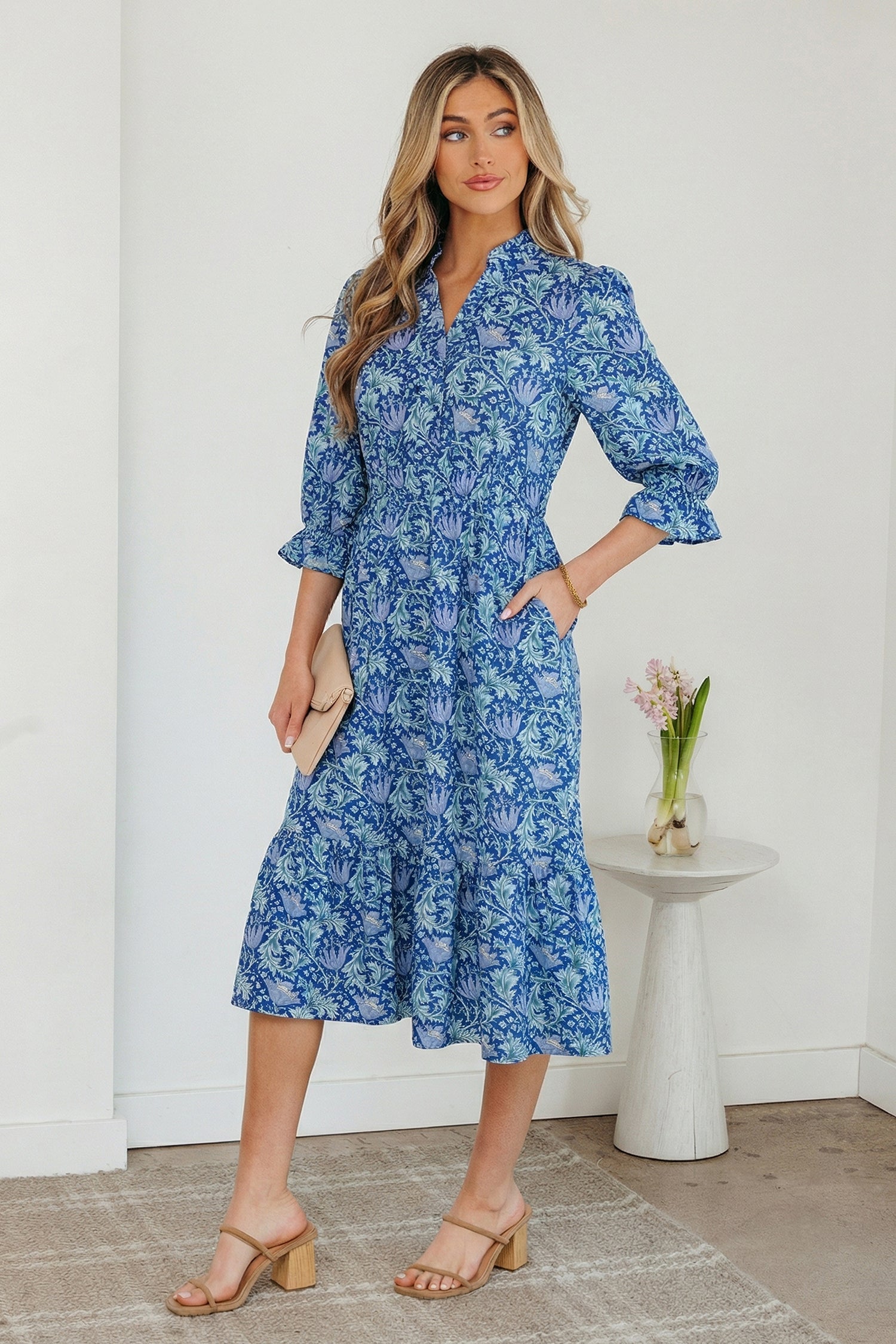 Floral Frilled V-Neck 3/4 Sleeve Midi Dress