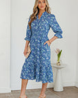 Floral Frilled V-Neck 3/4 Sleeve Midi Dress