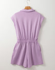 Solid Zipped Collar Short Sleeve High Waist Romper