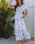 Floral Square Neck Bubble Sleeve Maxi Dress