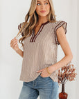 Stripe Double Ruffle Short Sleeve V-Neck Blouse