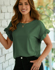 Solid Ribbed Knit Ruffle Short Sleeve T-Shirt
