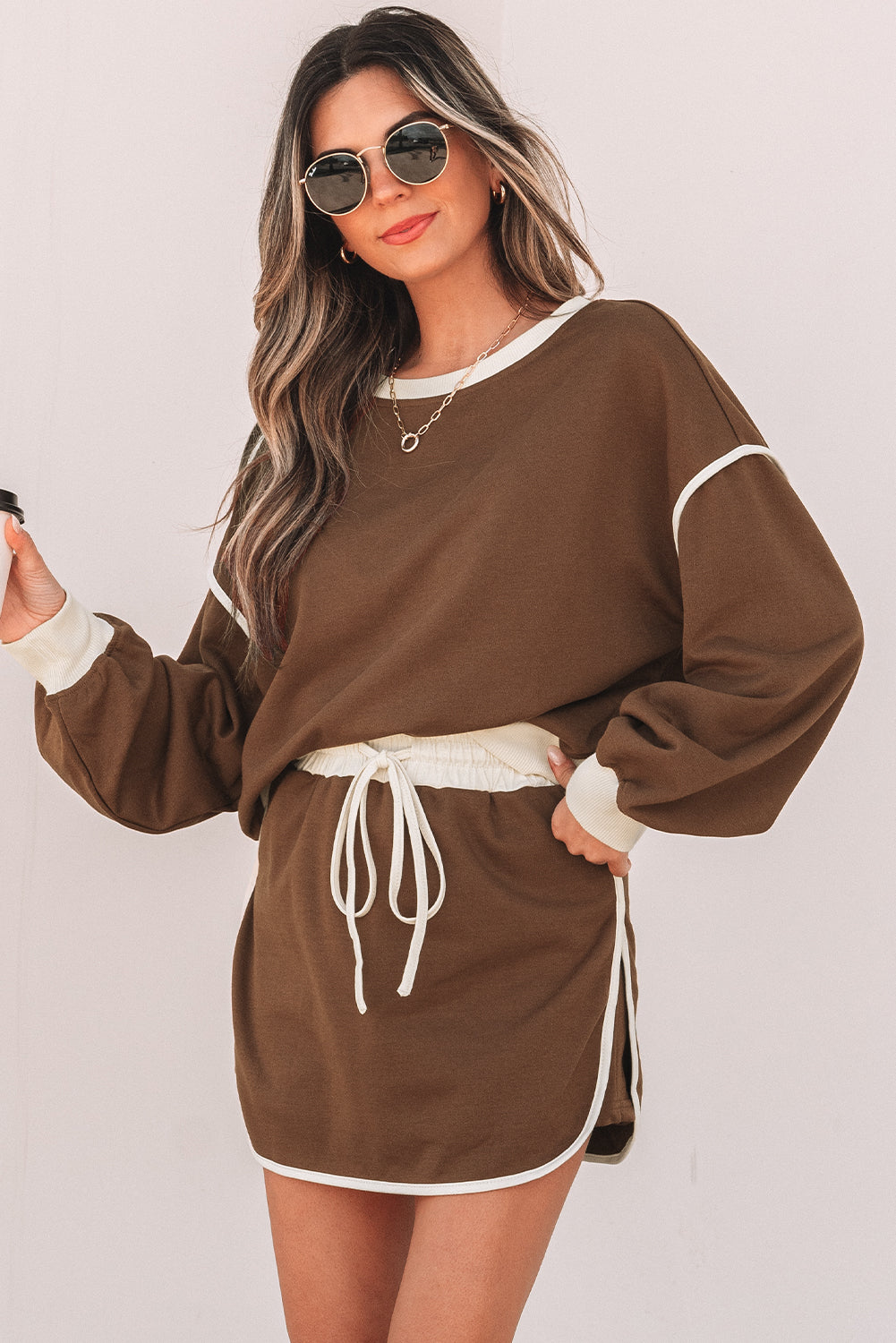 Colorblock Long Sleeve Top and Skort Set
