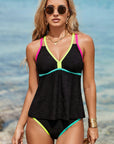 Floral Textured Neon Trim Crisscross Tankini Set