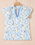 Floral Frill Notch V-Neck Blouse